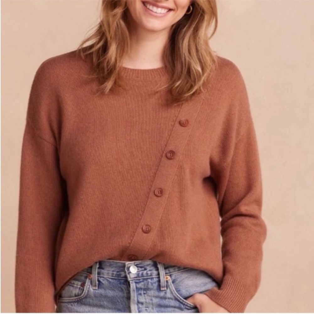 Summersalt The Luxe Cashmere Wool Blend Button Crew Neck Sweater Tan Brown S